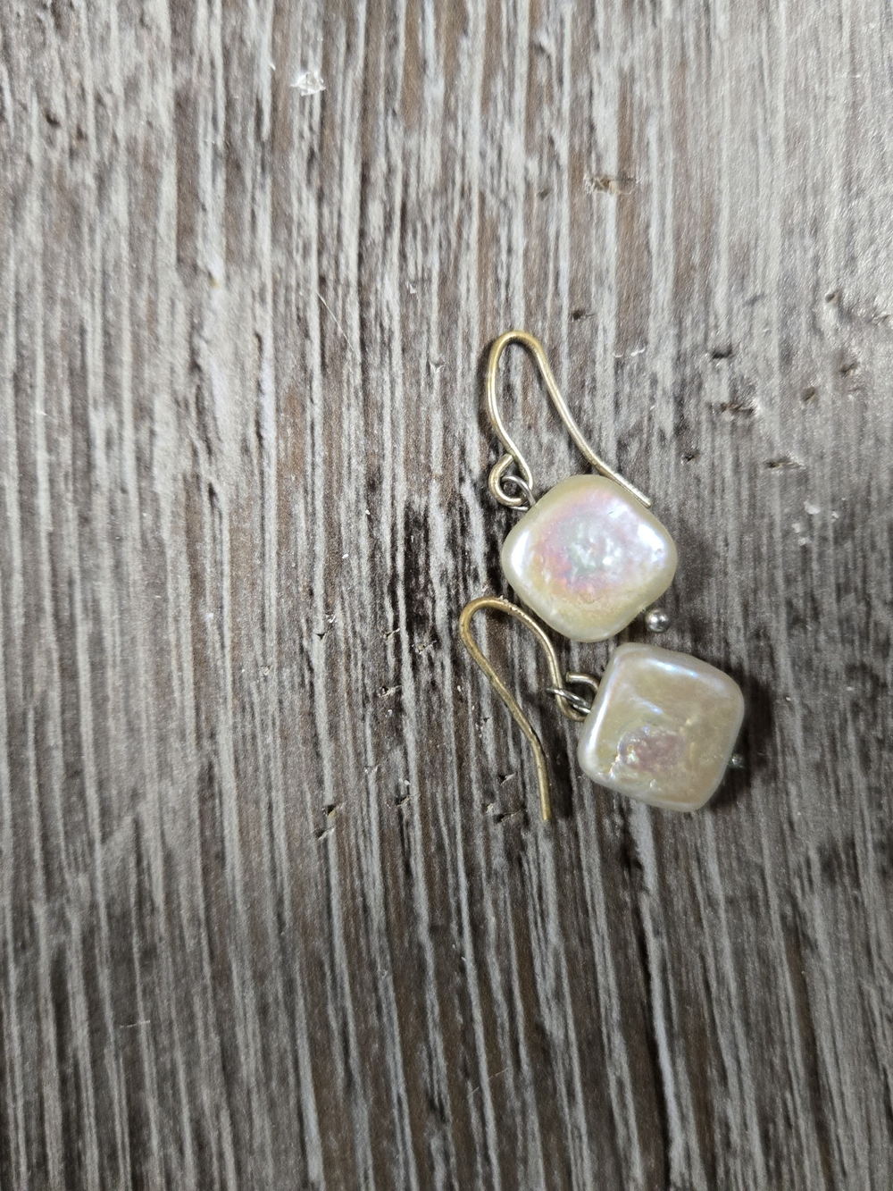 Iridescent Cream Square Pearl Drop Earrings with Gold Hooks